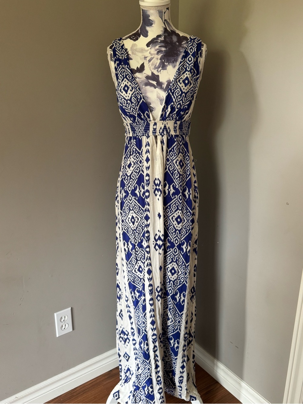 Forever 21 Blue and White Printed Maxi Dress with Smocked Waist